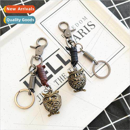 Creative handmade vintage cowhide bronze owl keychain creati