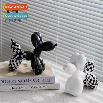 Geometric black whe checkerboard grid balloon dog ornament c