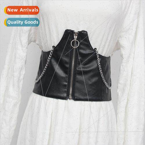 Chain Decoration Wide Belt Women Skirt Shirt PU Leather Elas