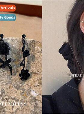 Frosted asymmetrical black rose earrings 2022 new ins niche