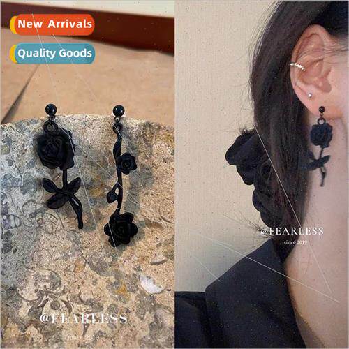 Frosted asymmetrical black rose earrings 2022 new ins niche