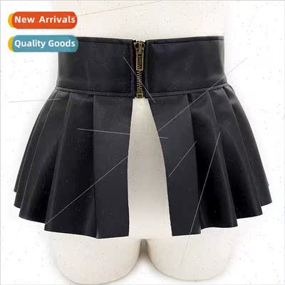 Korea Women Super Wide Waistband Zipper Skirt Ruffle Decorat