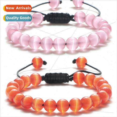Pink Crystal Round Beads Beaded Bracelet Whe Purple Cat Eye