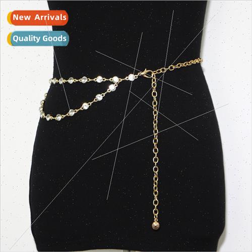 metal chain rhinestone double waist chain women dress sweate