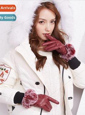 Leather gloves female Korean winter riding touch screen PU p
