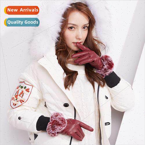 Leather gloves female Korean winter riding touch screen PU p