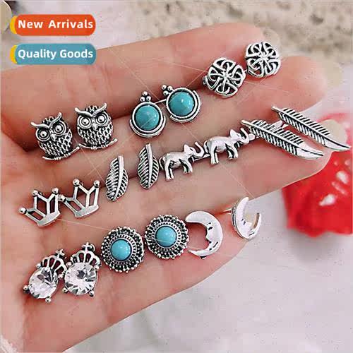 Europe new multi-combination retro turquoise set earrings  j