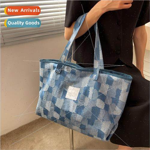 Korea retro washed denim plaid simple large bag new large ca