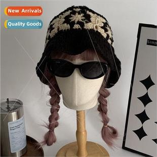 wool striped face show cap warm winter autumn niche Korean