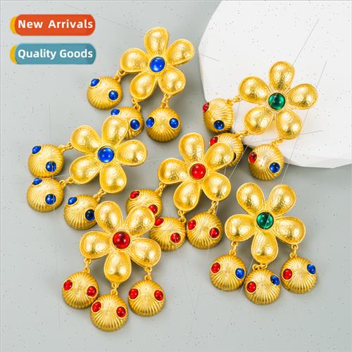 geometric floral earrings alloy plating colorful diamonds pe