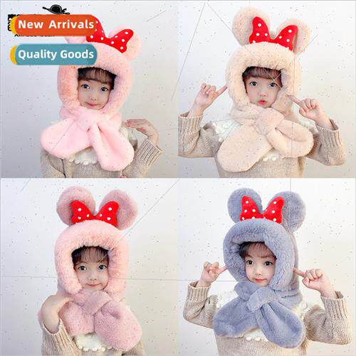 Winter men women children all-in-one plush hat gloves three