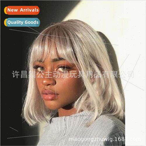 Europe ladies short hair broken bangs o head silver gray wig