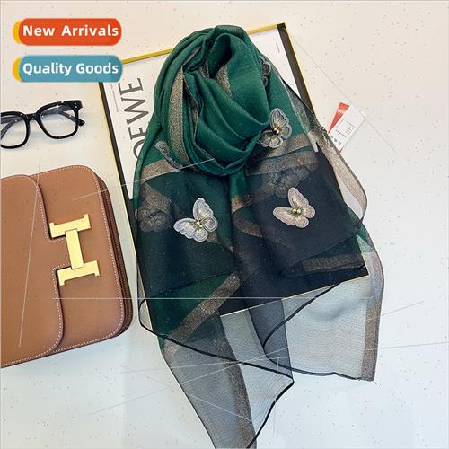 2023 Women faux silk wool butterfly embroidered scarf neck p