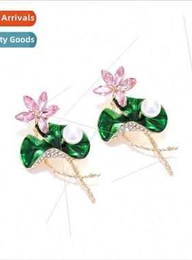 fresh alloy oil drop diamond lotus earrings temperament seni