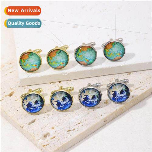 Amazo round diamond encrusted crystal cufflinks world map Eu