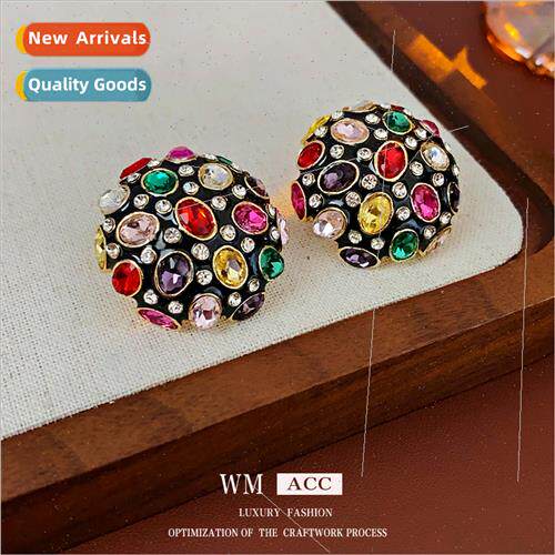 Earrings silver pin colorful diamond oil drop round earrings