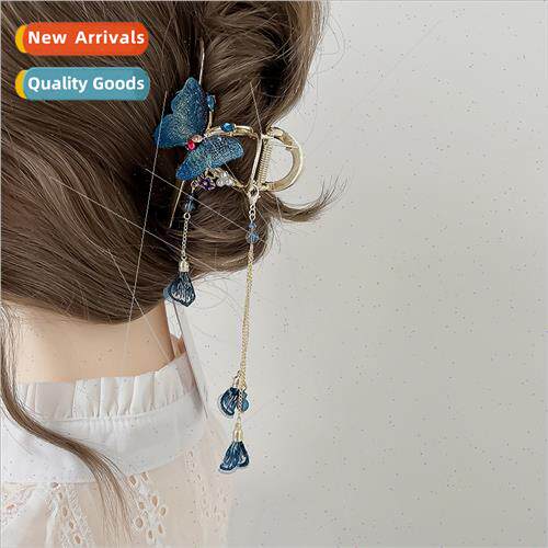 Tassel blue butterfly retro hairpin female new grab clip bac