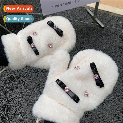 Japanese dark bow plush gloves girls winter lanyard riding w