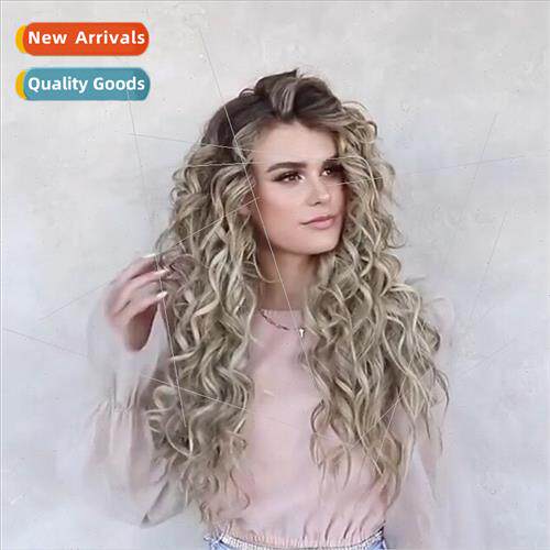 Europe wig women long curly hair gradient color chemical fib