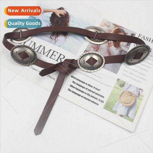 Vintage ethnic metal carved bronze color round piece belt in