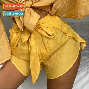 Elastic Europe Waist High Sexy Tie Shorts Yellow New 2023