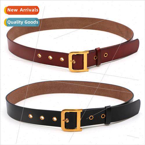 New simple versatile gold D buckle leather belt female fur c