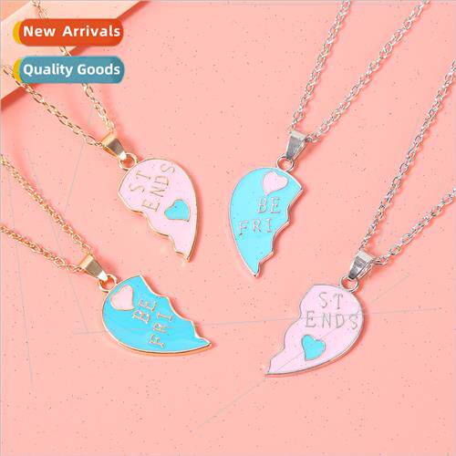 Love necklace female powder blue two people splicing heart p