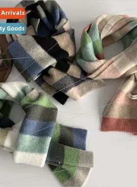 Korean color blocking stripes knted wool scarf girls winter