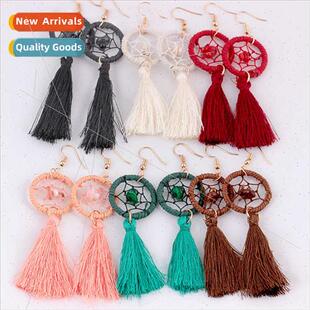Bohemian ethnic dream catcher raw stone silk earrings fashio