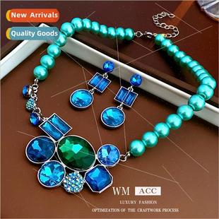 Necklace Blue Diamonds Round Pearls Necklace Necklace适用Wom