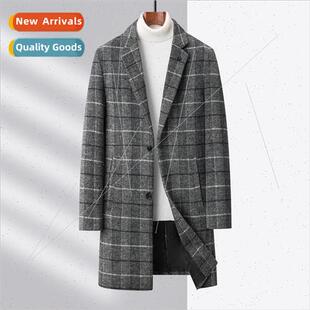 Men medium-length tweed coat high cashmere light luxury coz