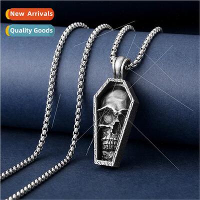 Men Punk Necklace Coffin Skull Pendant Personalized Tanium S