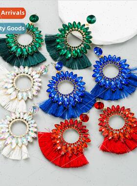 ins alloy earrings female fashion tassel set colorful rhines