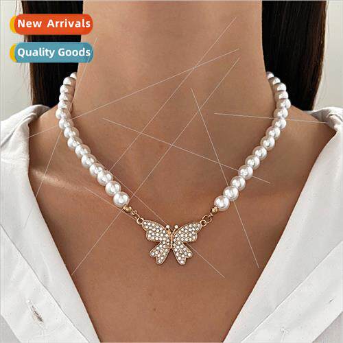 sweet elegant diamonds butterfly pearl necklace niche simple