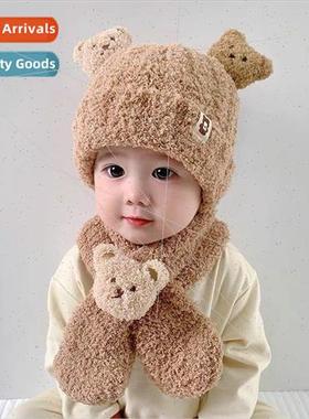 Children plush bear ears hat scarf all-in-one twoPCS set pad