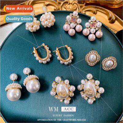 silver pin zirconia French pearl oval earrings fashion retro