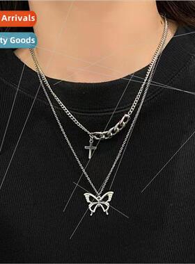 Double layer necklace women 2023 new cross niche butterfly c
