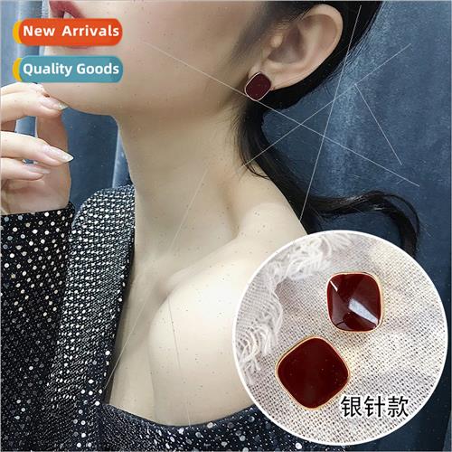 S925 silver pin Korea simple burgundy square commuter nd fas