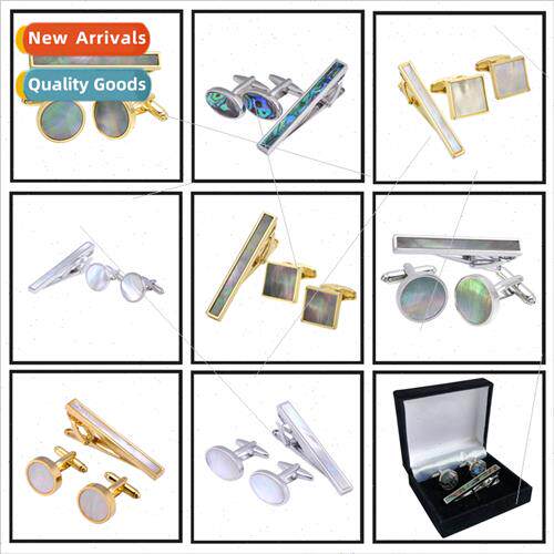 natural mother-of-pearl cufflinks tie clip set real gold-pla
