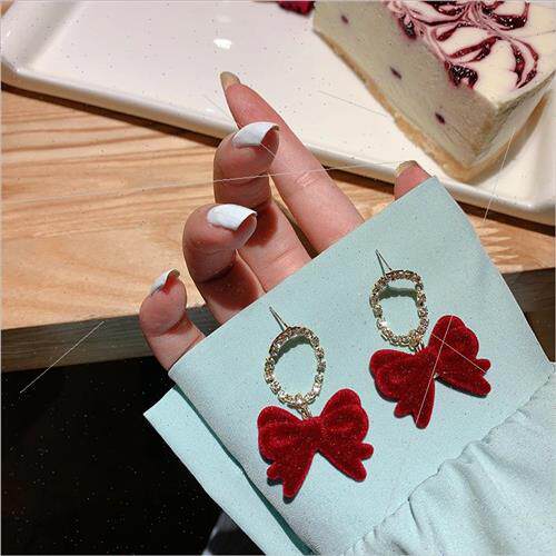 S925 silver needle burgundy velvet bow new fall winter earri