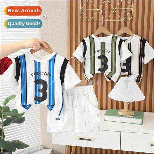 Boys summer vertical stripes false two-piece short-sleeved s