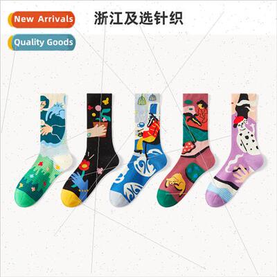 Oil painting socks women mid-calf socks ins retro couple  so