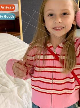 Girls Korean  of the 适用eign- stripes hooded knitted cardig