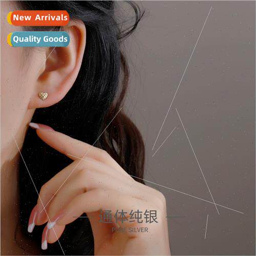 S925 silver simple plaid love earrings female small delicate