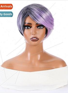 Europe wig ladies short hair black gradient purple fashion s