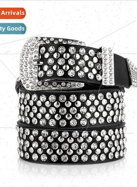 Women belt leather belt diamonds decorated Korean wide cowhi