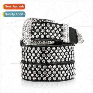 Korean diamonds decorated cowhi wide belt Women leather