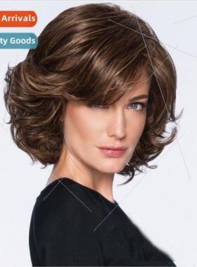 African tan female short hair oblique bangs short curly fluf