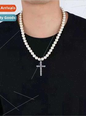 Europe men vintage imation pearl rhinestone cross necklace s