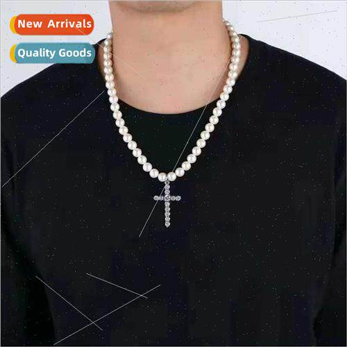 Europe men vintage imation pearl rhinestone cross necklace s